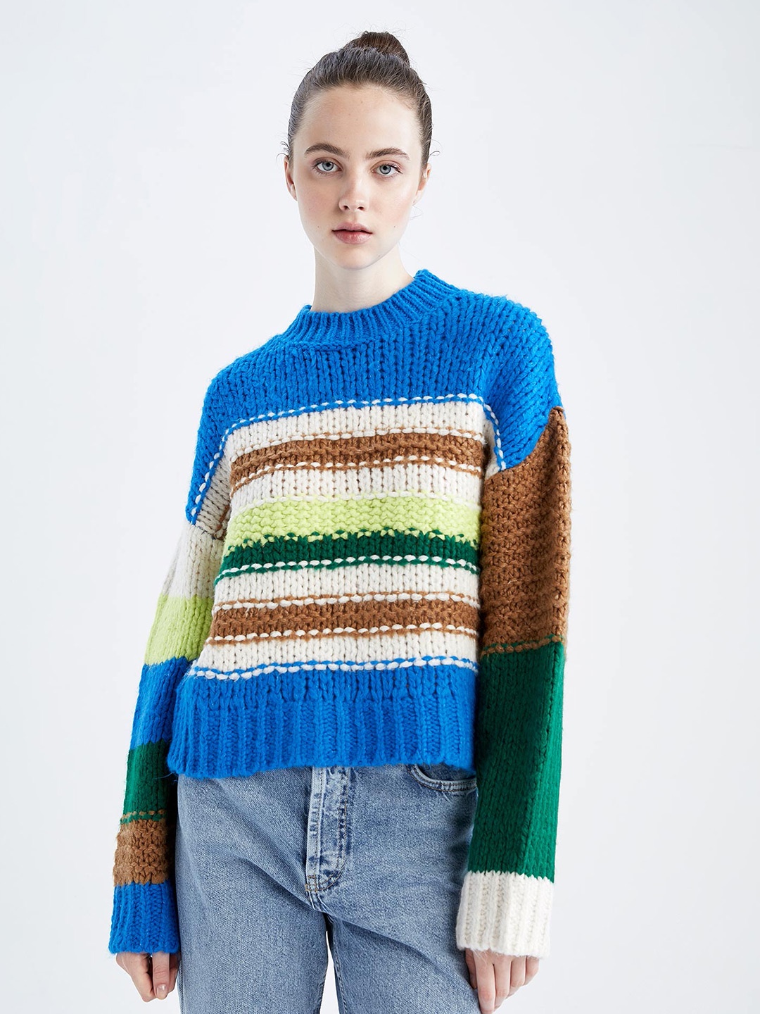 

DeFacto Striped Knitted Acrylic Pullover Sweater, Blue