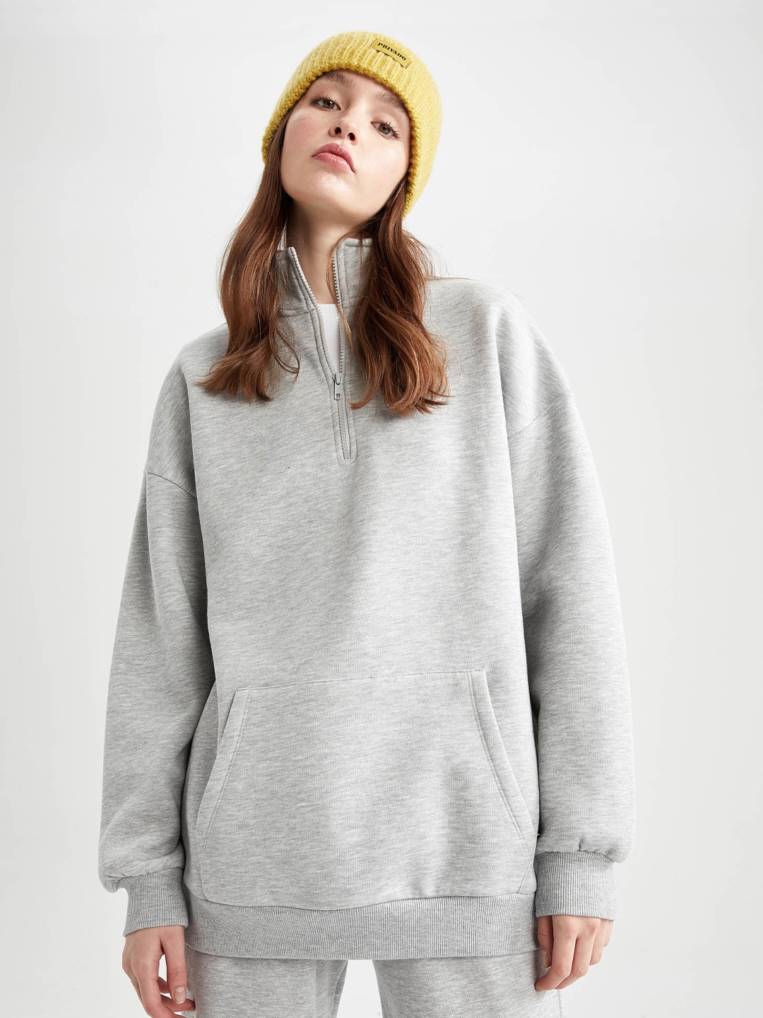 

DeFacto Mock Collar Longline Pullover Sweatshirts, Grey