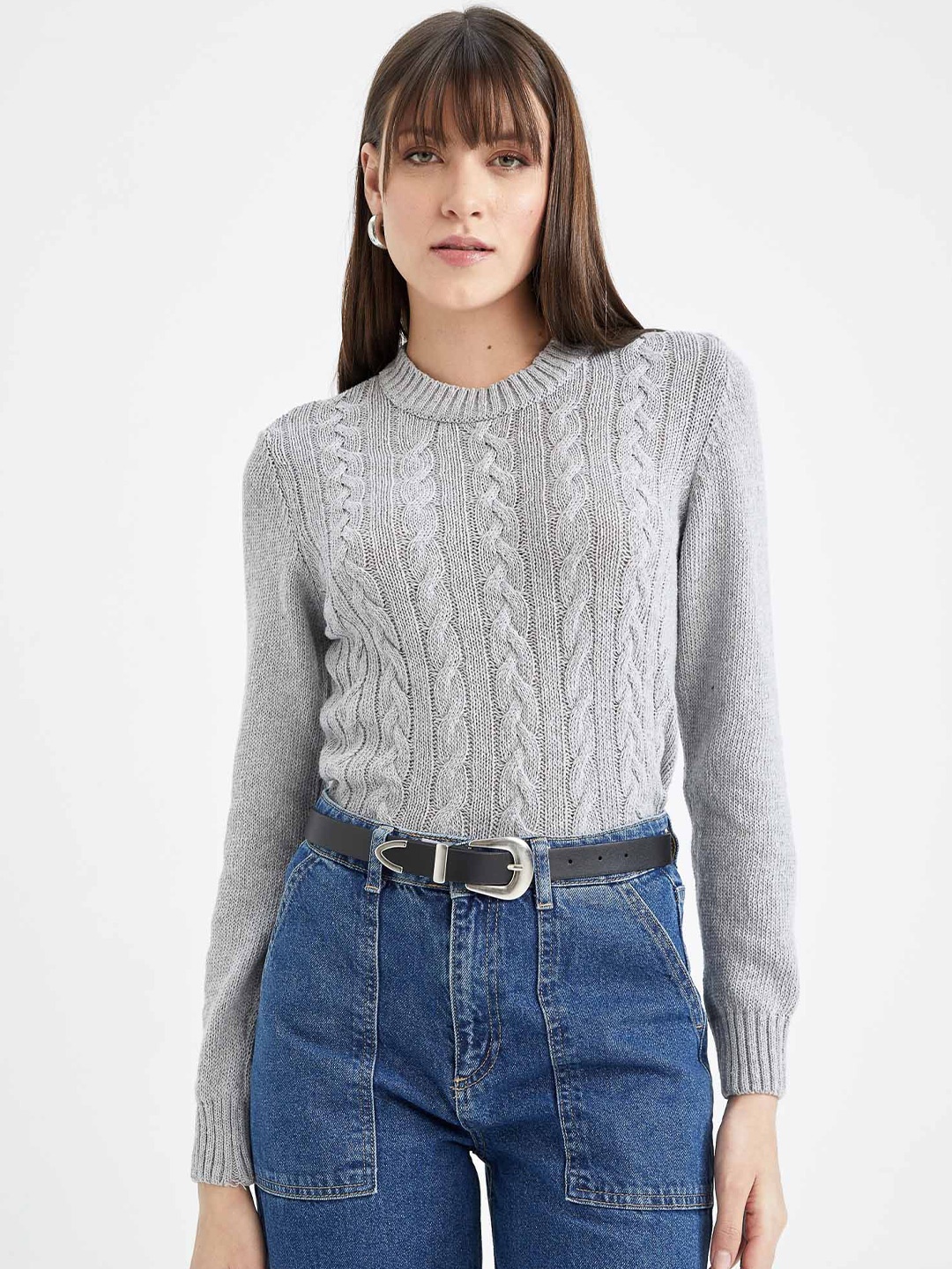 

DeFacto Self Design Cable Knit Pullover, Grey