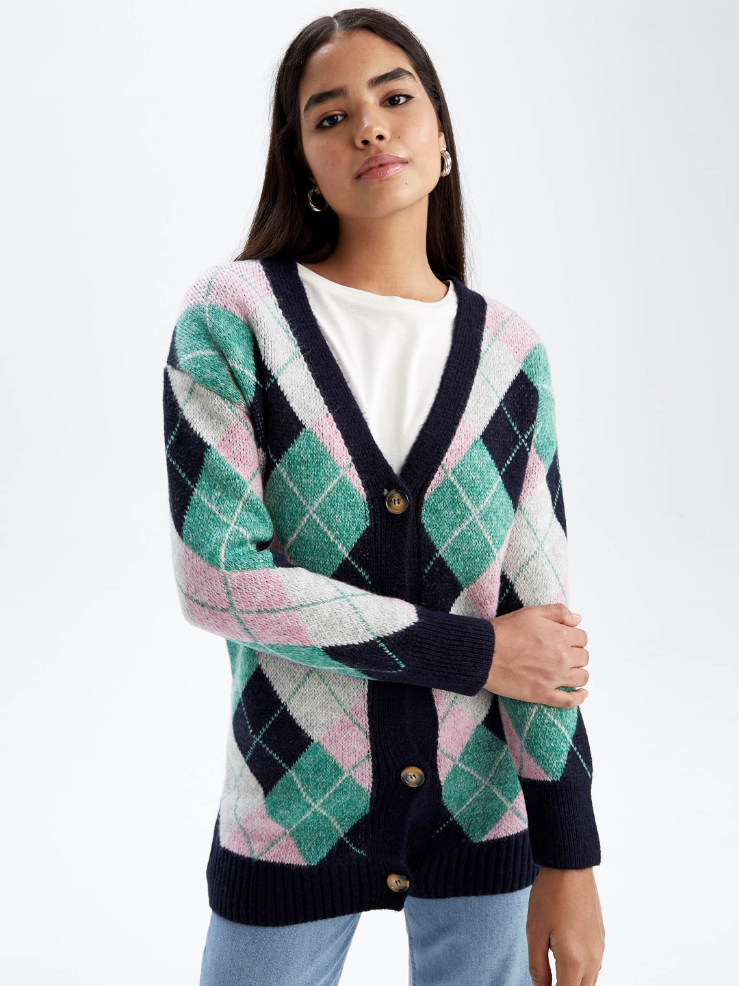 

DeFacto Argyle Printed Cardigan Sweater, Sea green