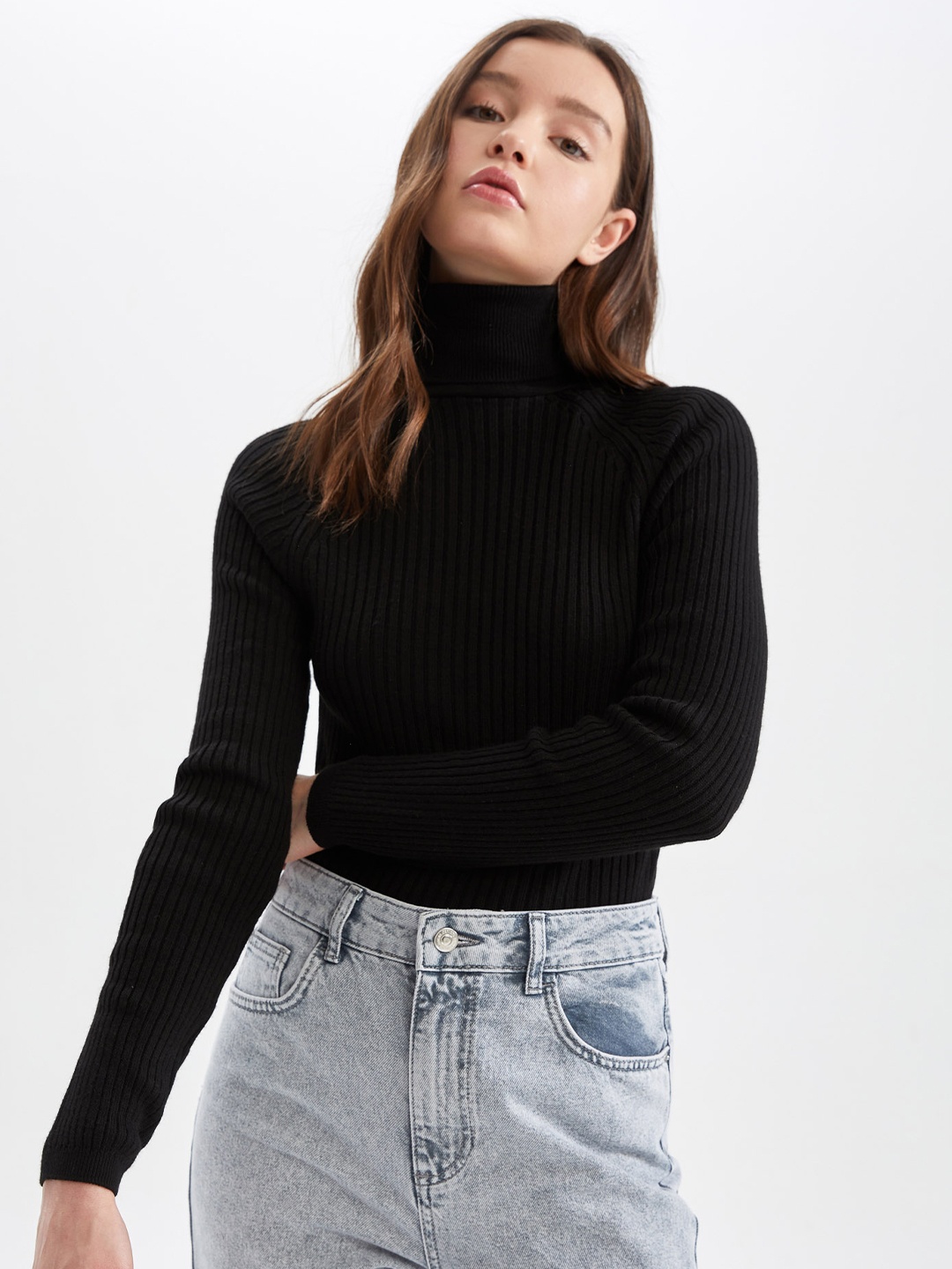 

DeFacto Ribbed Turtle Neck Acrylic Pullover Sweater, Black