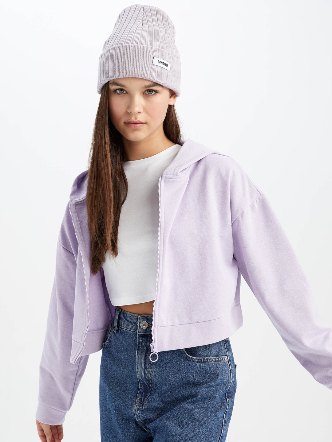 

DeFacto Hooded Front-Open Crop Sweatshirt, Lavender