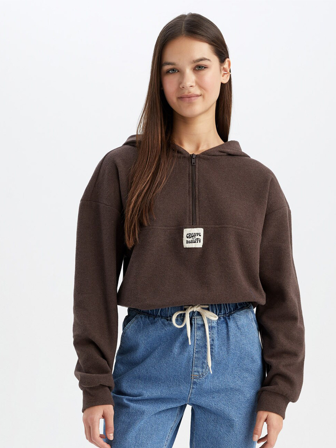 

DeFacto Hooded Pullover Cropped Cotton Sweatshirt, Brown