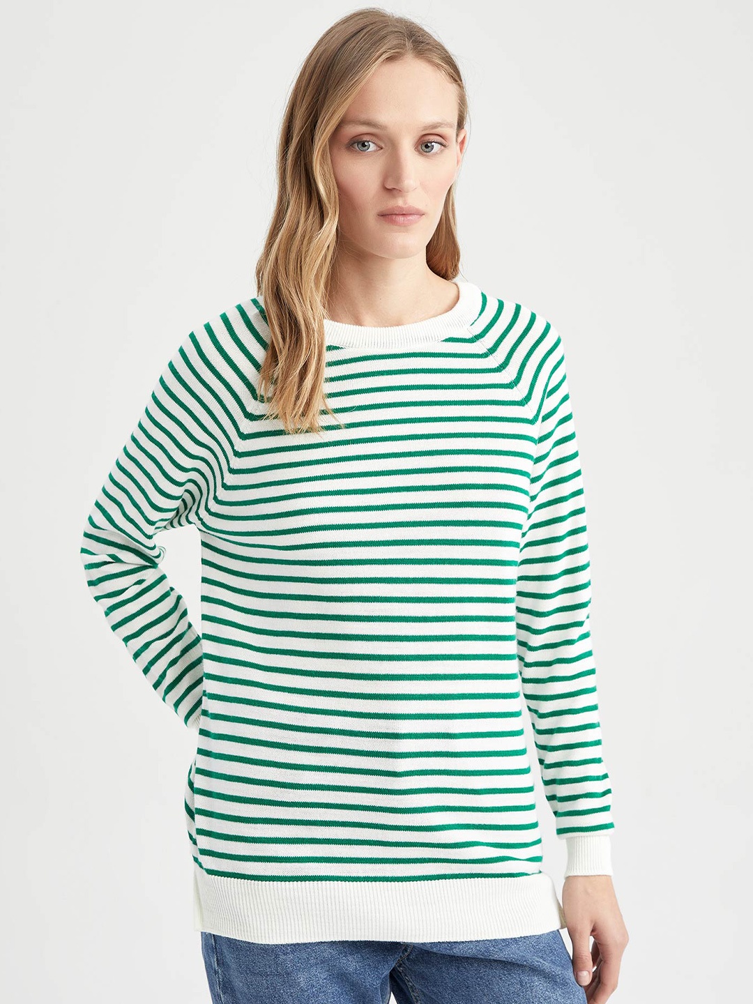 

DeFacto Striped Round Neck Acrylic Pullover Sweater, White