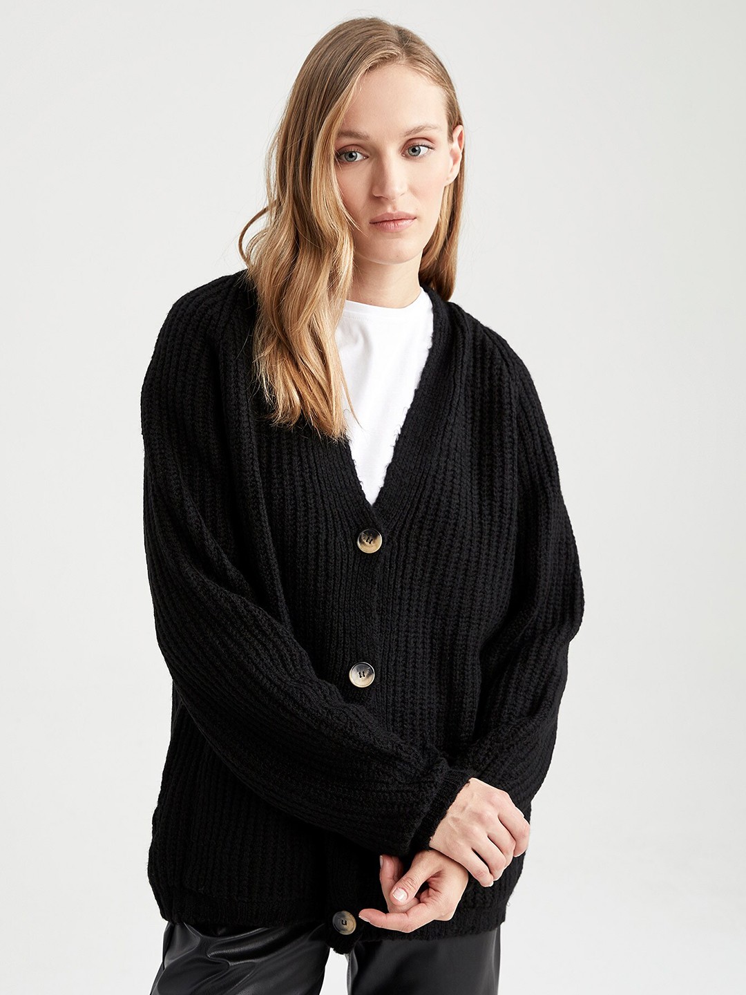 

DeFacto Women Black Ribbed Cardigan