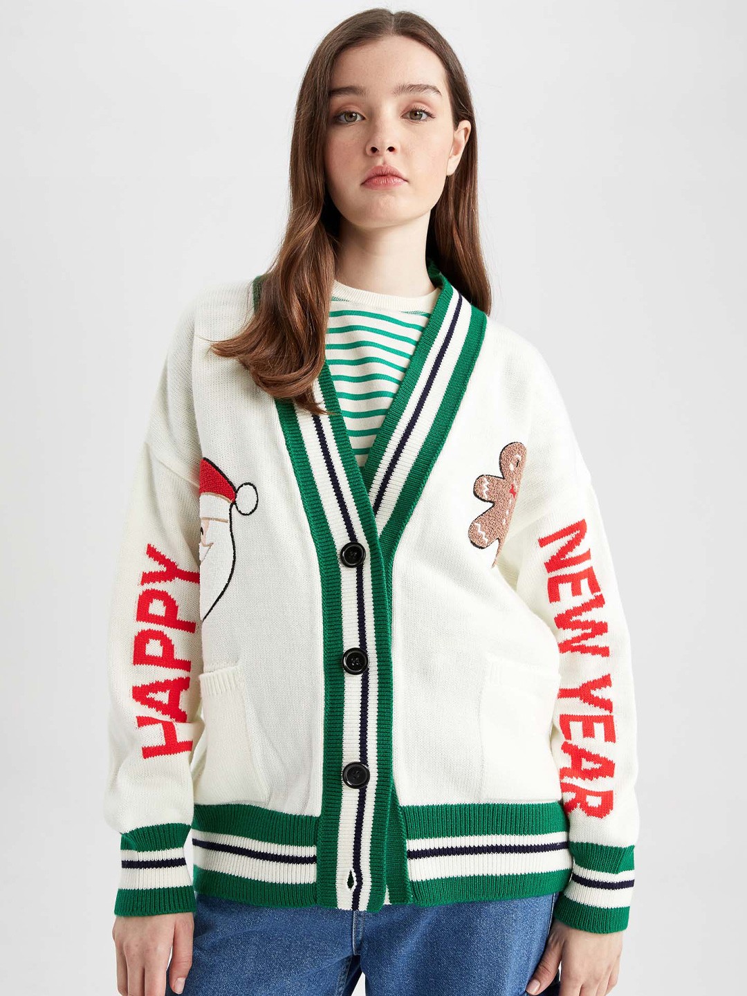 

DeFacto Typography Printed V-Neck Cardigan Sweater, White