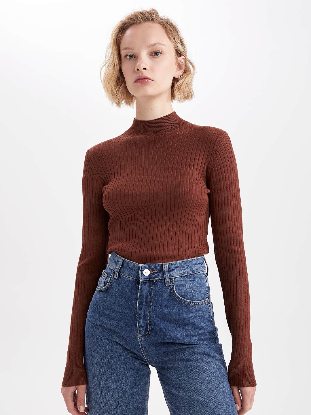 

DeFacto Self Design Cable Knit Pullover, Brown
