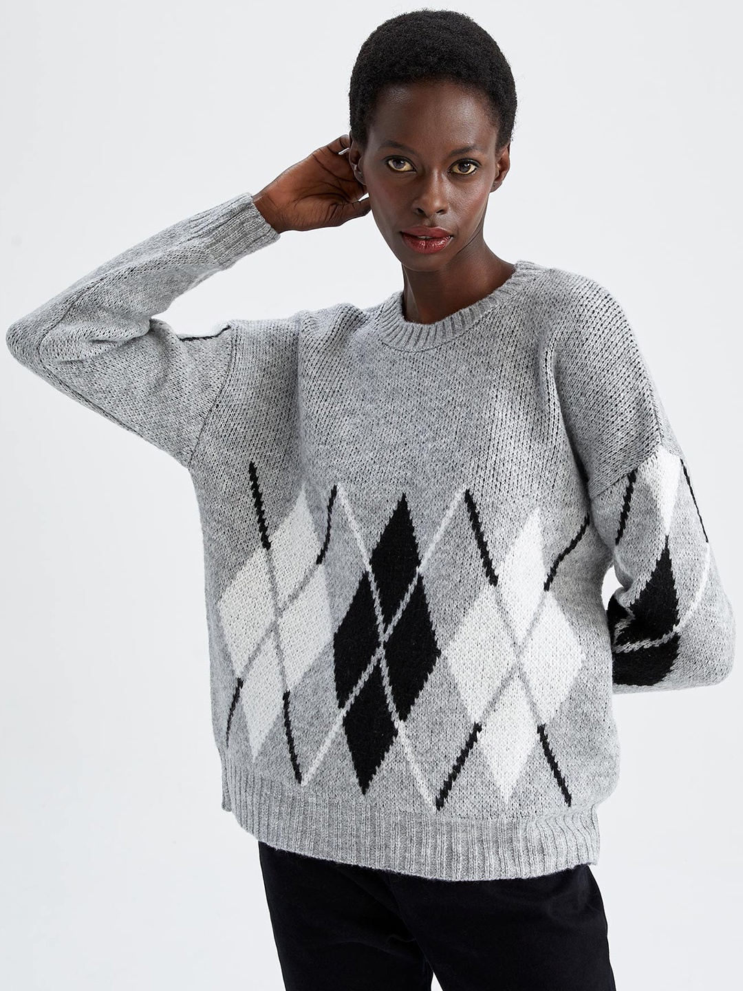 

DeFacto Printed Acrylic Pullover, Grey