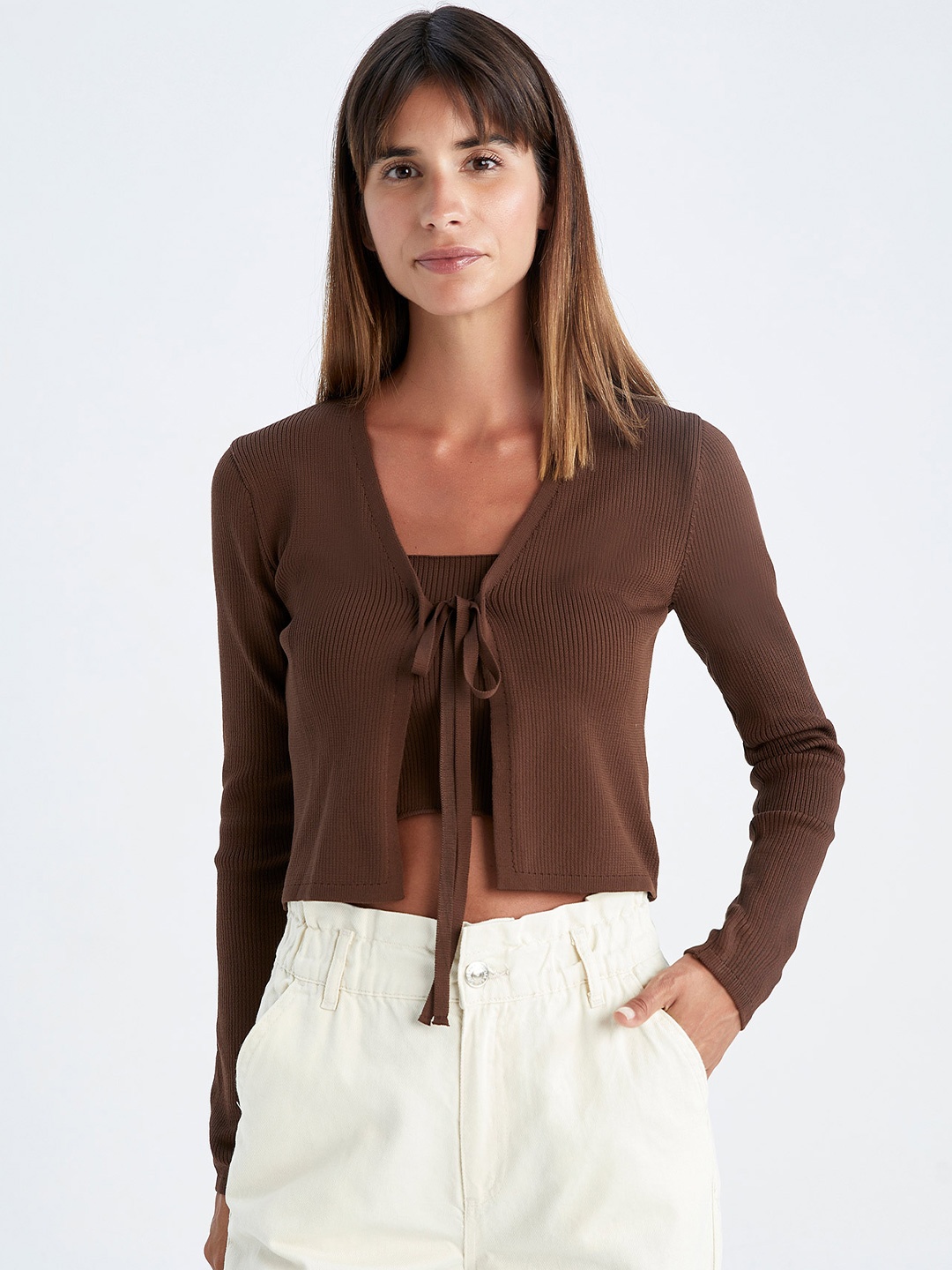 

DeFacto Ribbed Crop Cardigan Sweater, Brown