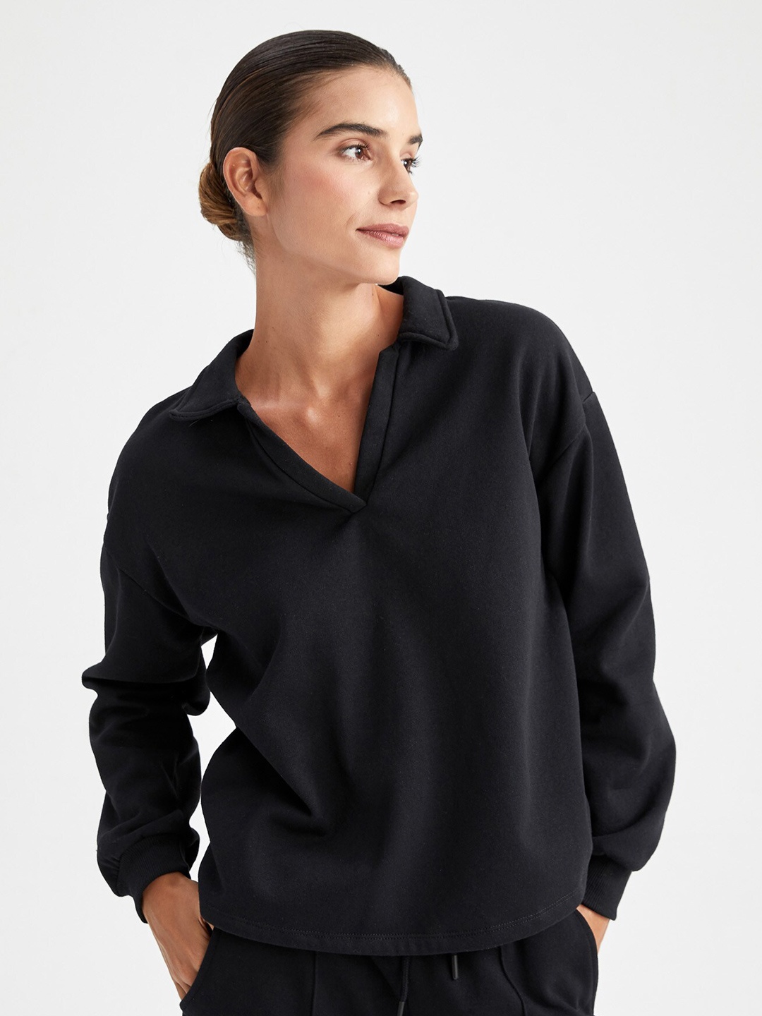 

DeFacto Shirt Collar Straight Pullover Sweatshirt, Black