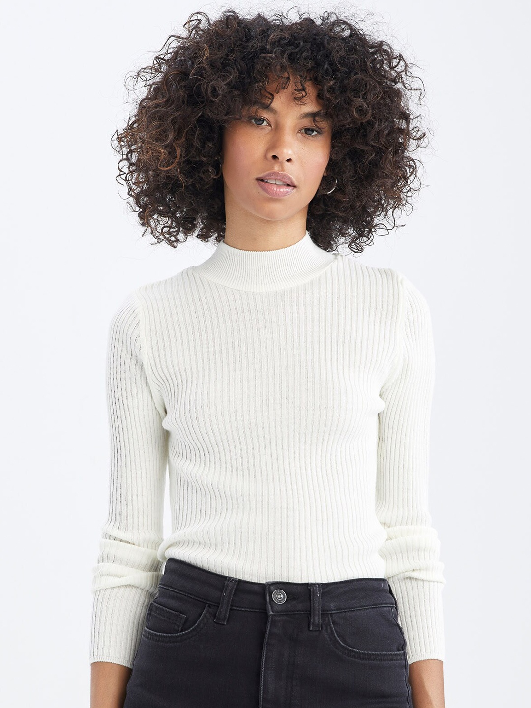 

DeFacto Ribbed Mock Collar Acrylic Pullover Sweater, White