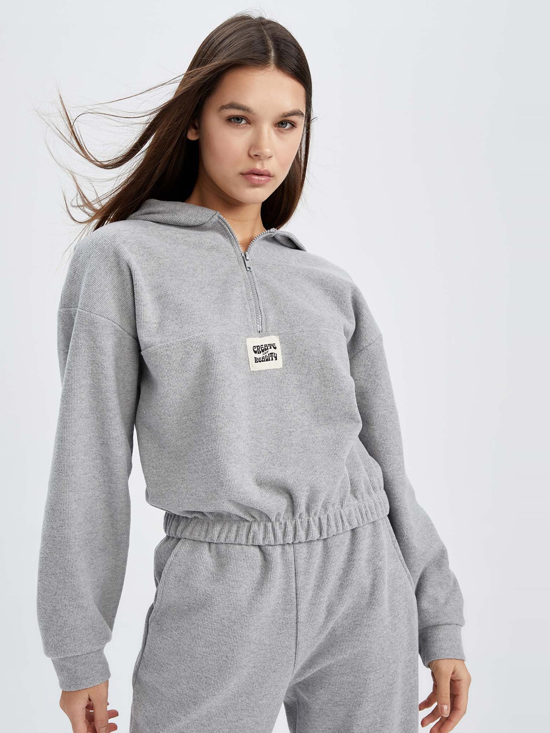 

DeFacto Hooded Crop Sweatshirt, Grey