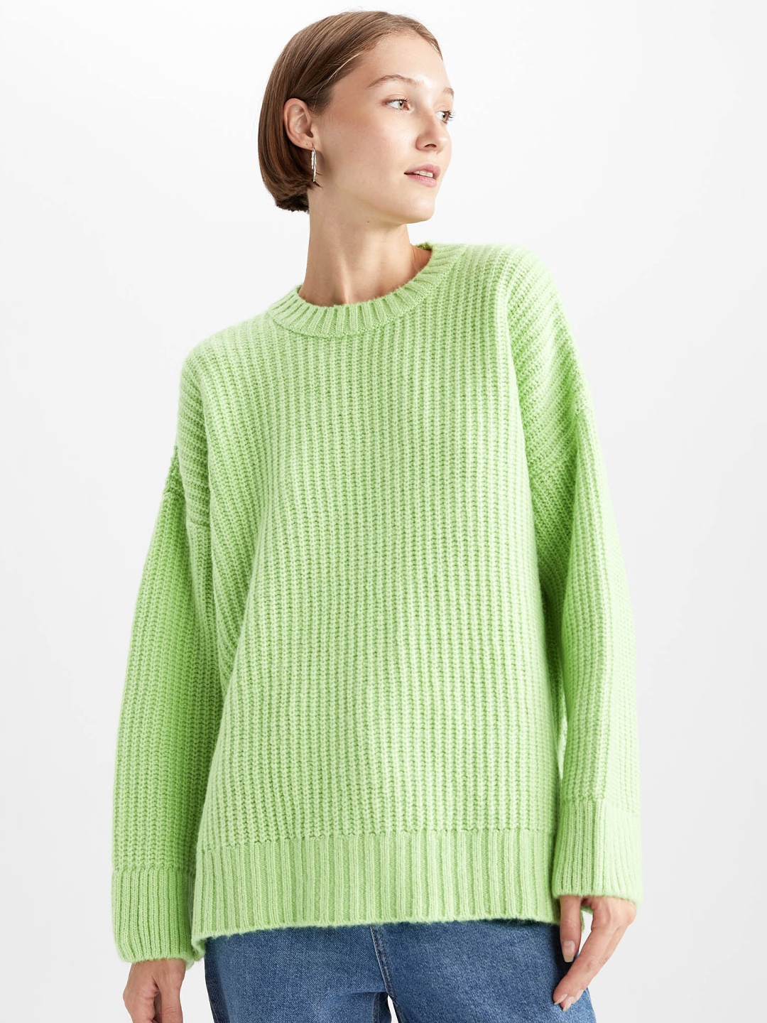 

DeFacto Round Neck Ribbed Pullover, Green