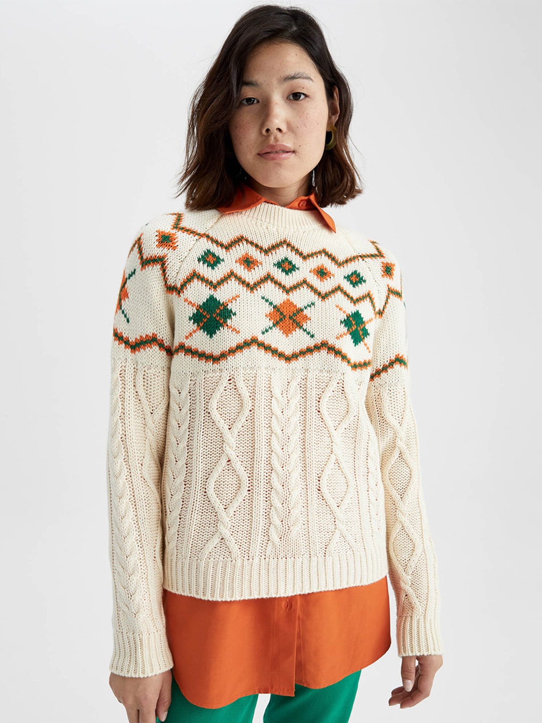 

DeFacto Cable Knit Self Design Round Neck Acrylic Pullover Sweater, Off white