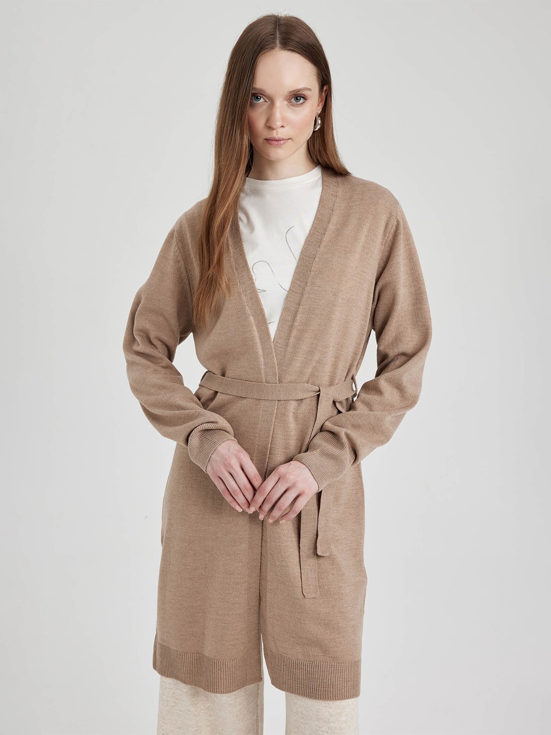 

DeFacto Front Open V-Neck Longline Sweater, Beige
