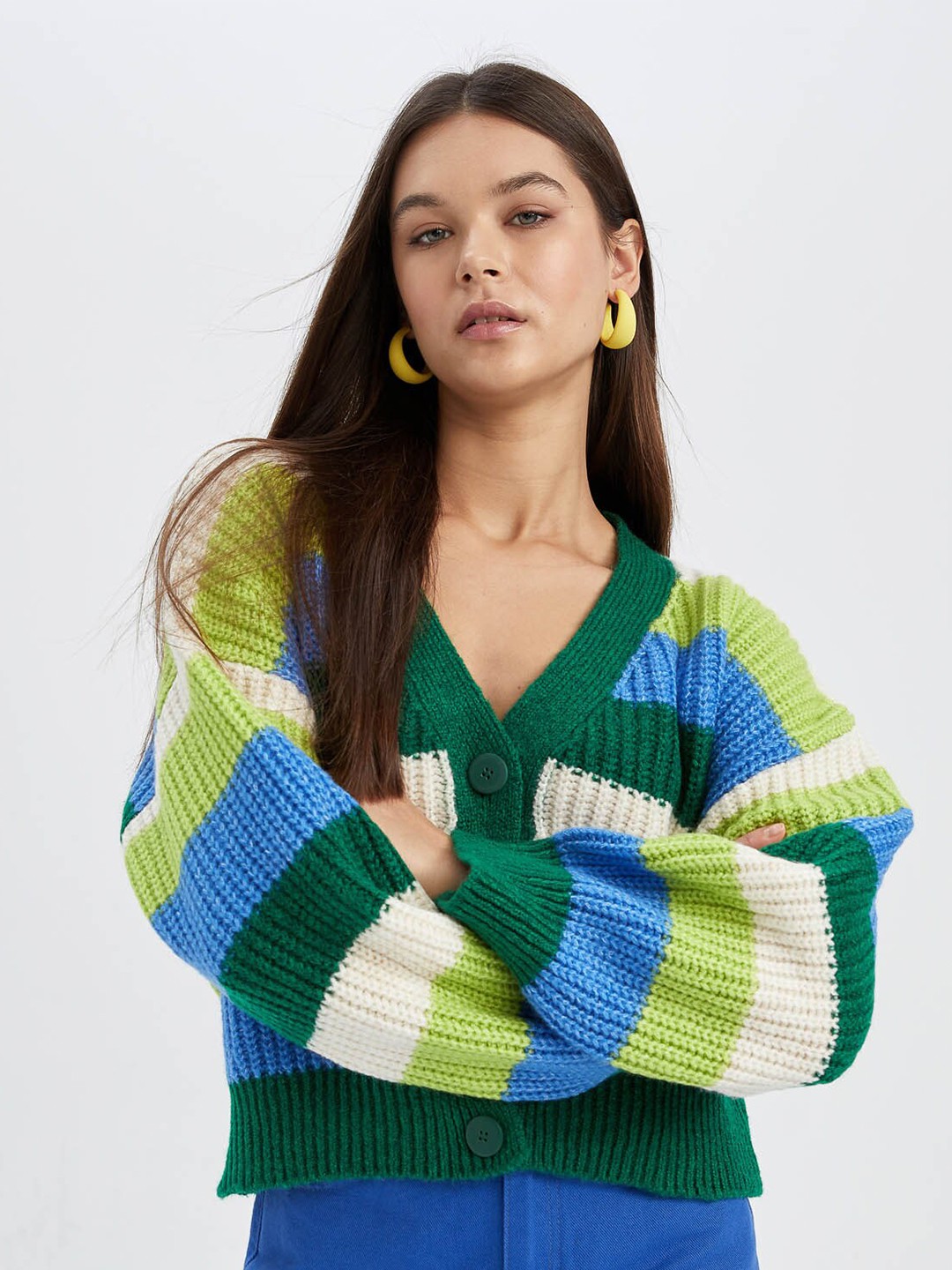 

DeFacto Striped V-Neck Cardigan Sweater, Blue