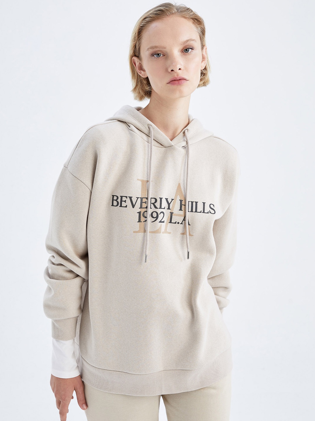 

DeFacto Typography Printed Hooded Pullover, Beige