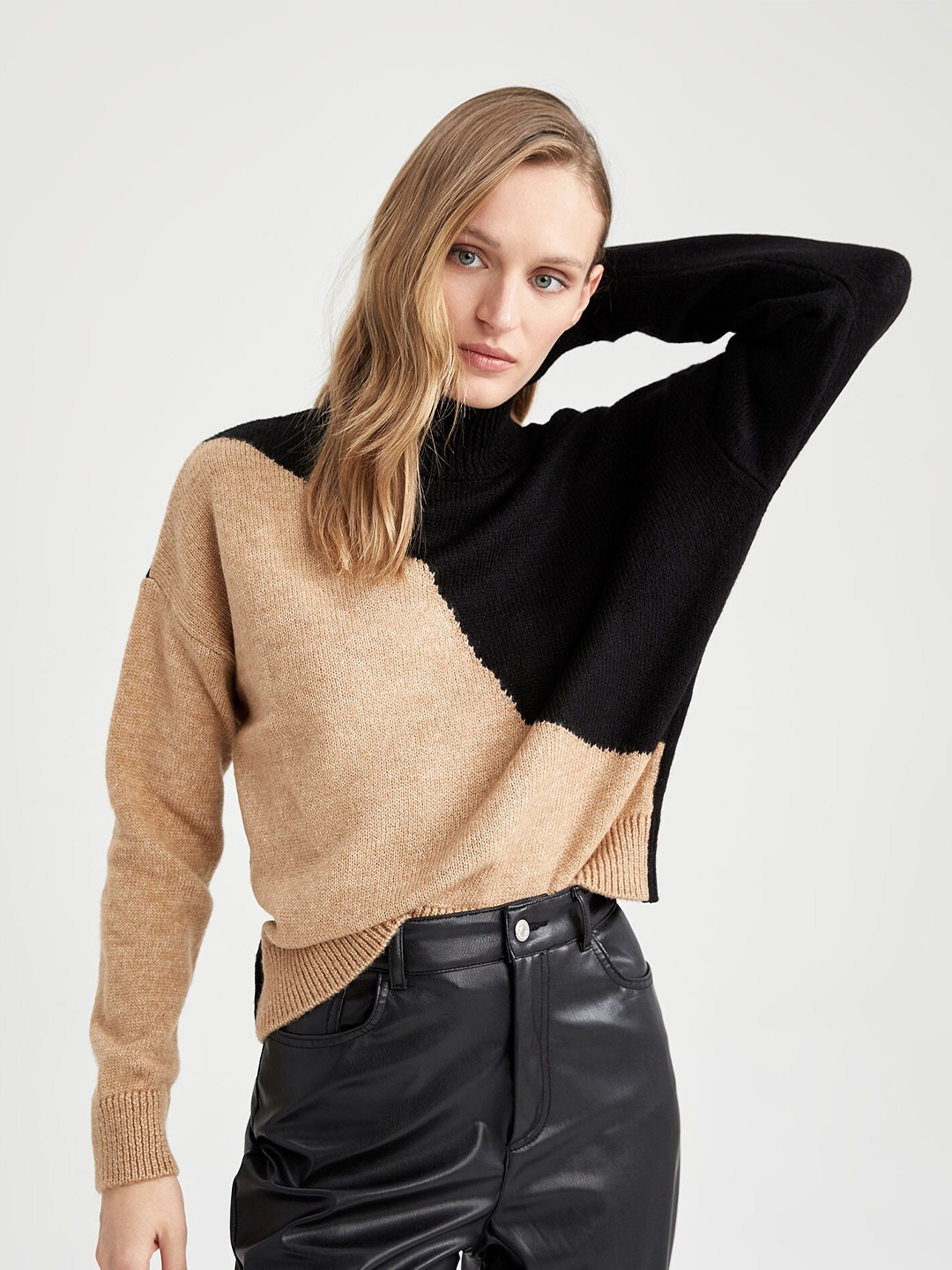 

DeFacto Colourblocked High Neck Pullover, Brown