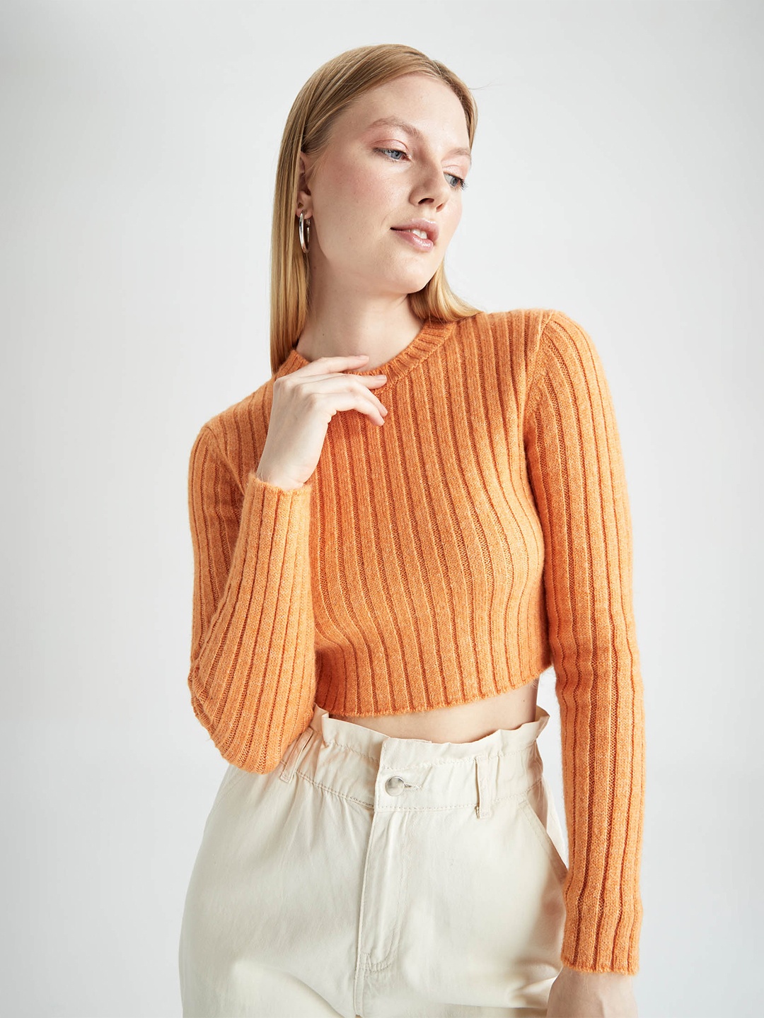 

DeFacto Striped Crop Pullover, Orange