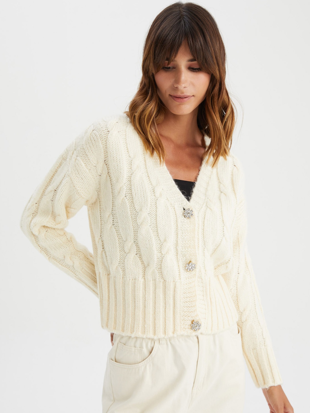 

DeFacto Cable Knit Cardigan, White