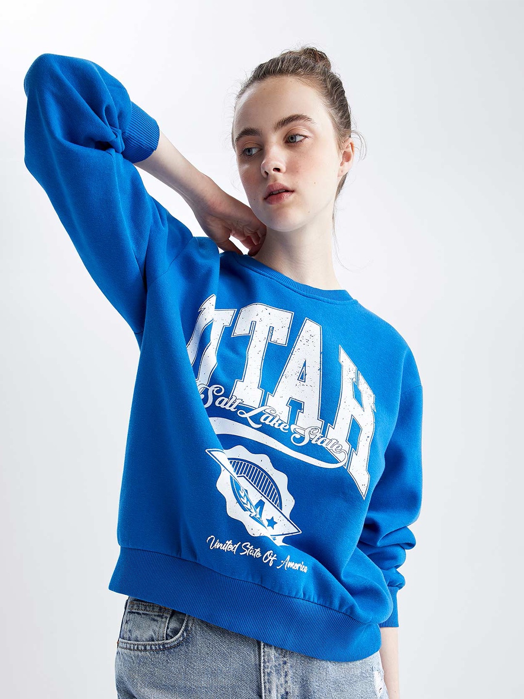 

DeFacto Typography Printed Sweatshirt, Blue
