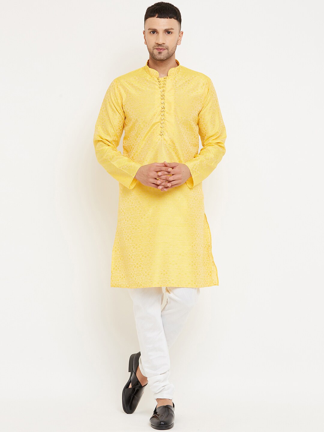 

Armaan Ethnic Woven Design Pure Silk Kurta With Churidar, Yellow