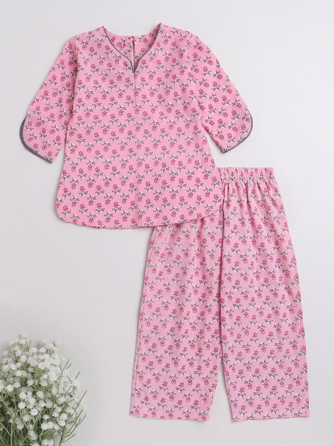 

The Magic Wand Girls Floral Printed Pure Cotton Top And Pyjamas, Pink