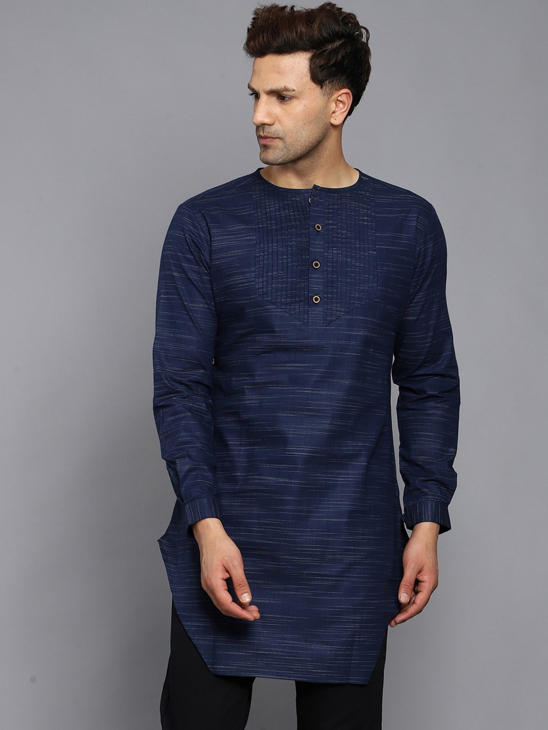 

Be Desi Woven Design Round Neck Cotton Straight Kurta, Navy blue