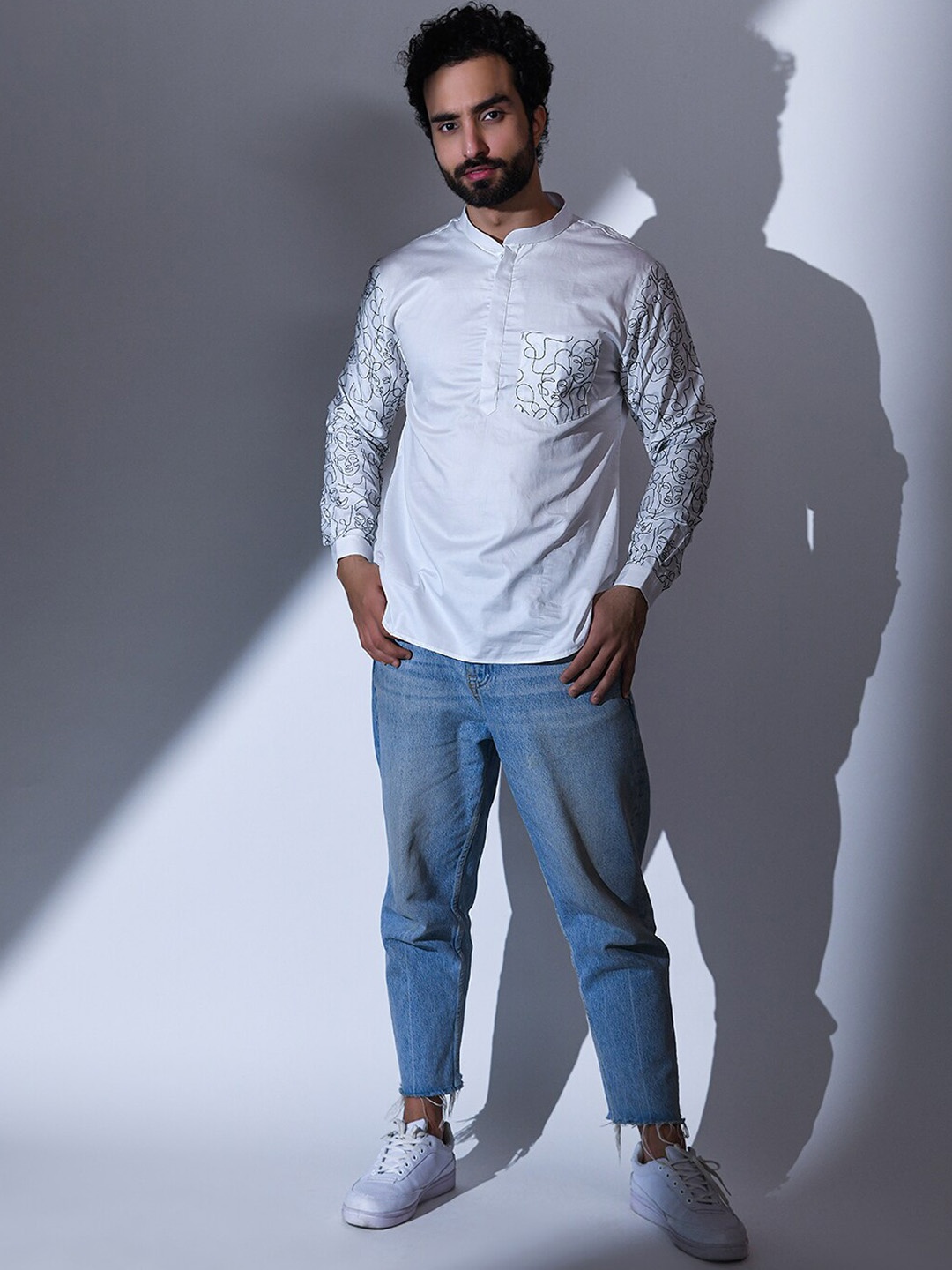 

Be Desi Mandarin Collar Long sleeves Thread Work Cotton Kurta, White