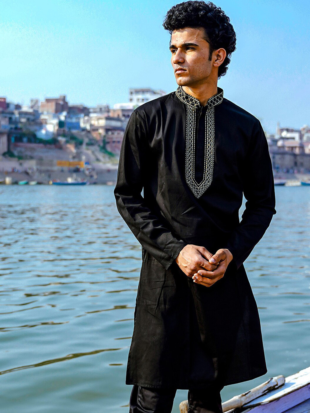 

Be Desi Geometric Embroidered Mandarin Collar Thread Work Cotton Straight Kurta, Black