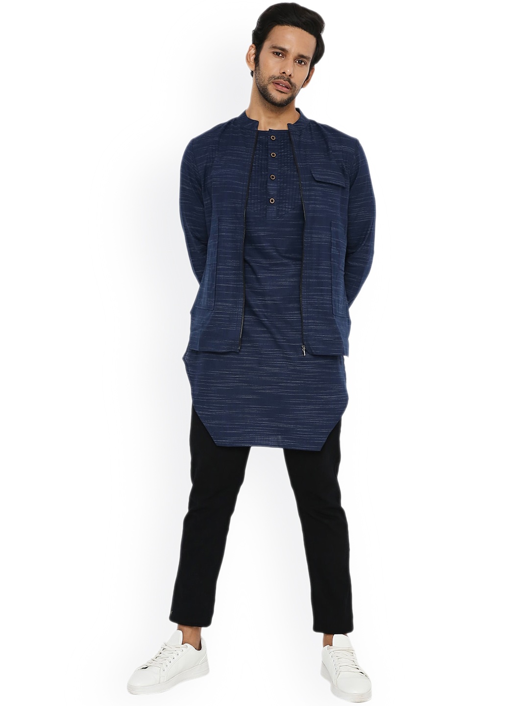 

Be Desi Striped Henley Neck Kurta With Jacket, Navy blue