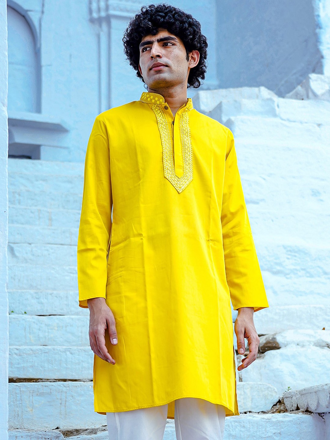 

Be Desi Mandarin Collar Long sleeves Thread Work Cotton Kurta, Yellow