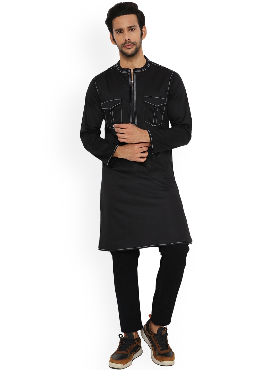 

Be Desi Band Collar Long Sleeve Pathani Pocket Cotton Kurta, Black