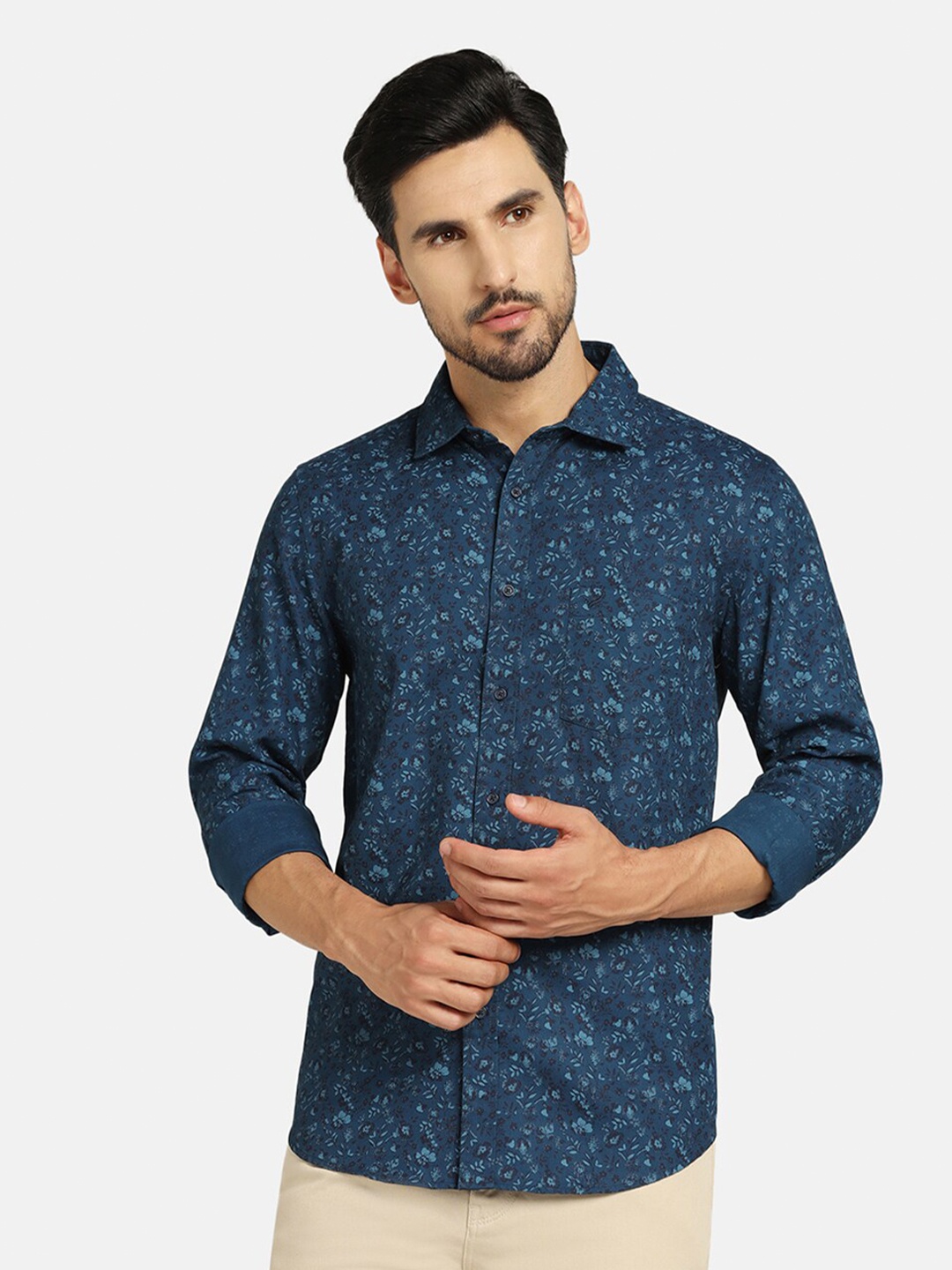 

Blackberrys Straight Slim Fit Floral Printed Pure Cotton Casual Shirt, Teal