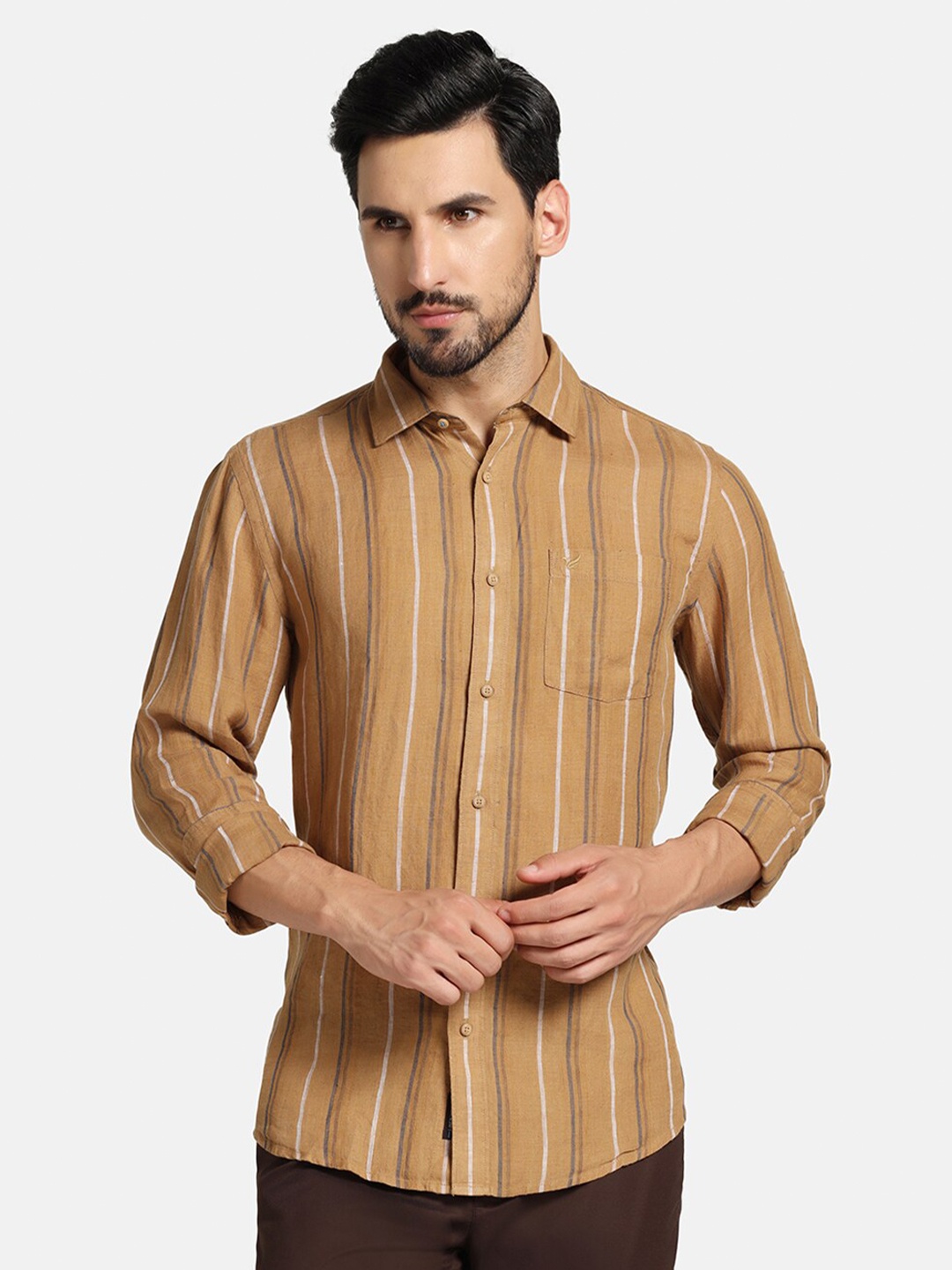 

Blackberrys Straight Slim Fit Vertical Striped Cotton Casual Shirt, Brown