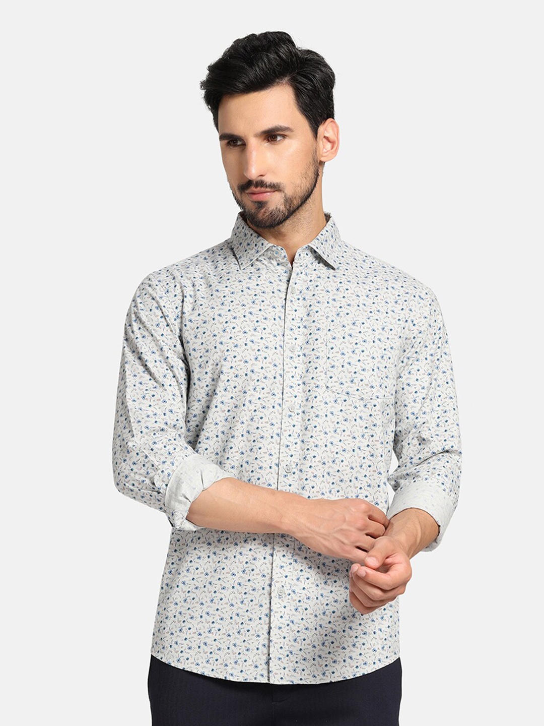 

Blackberrys Straight Slim Fit Floral Printed Pure Cotton Casual Shirt, Grey