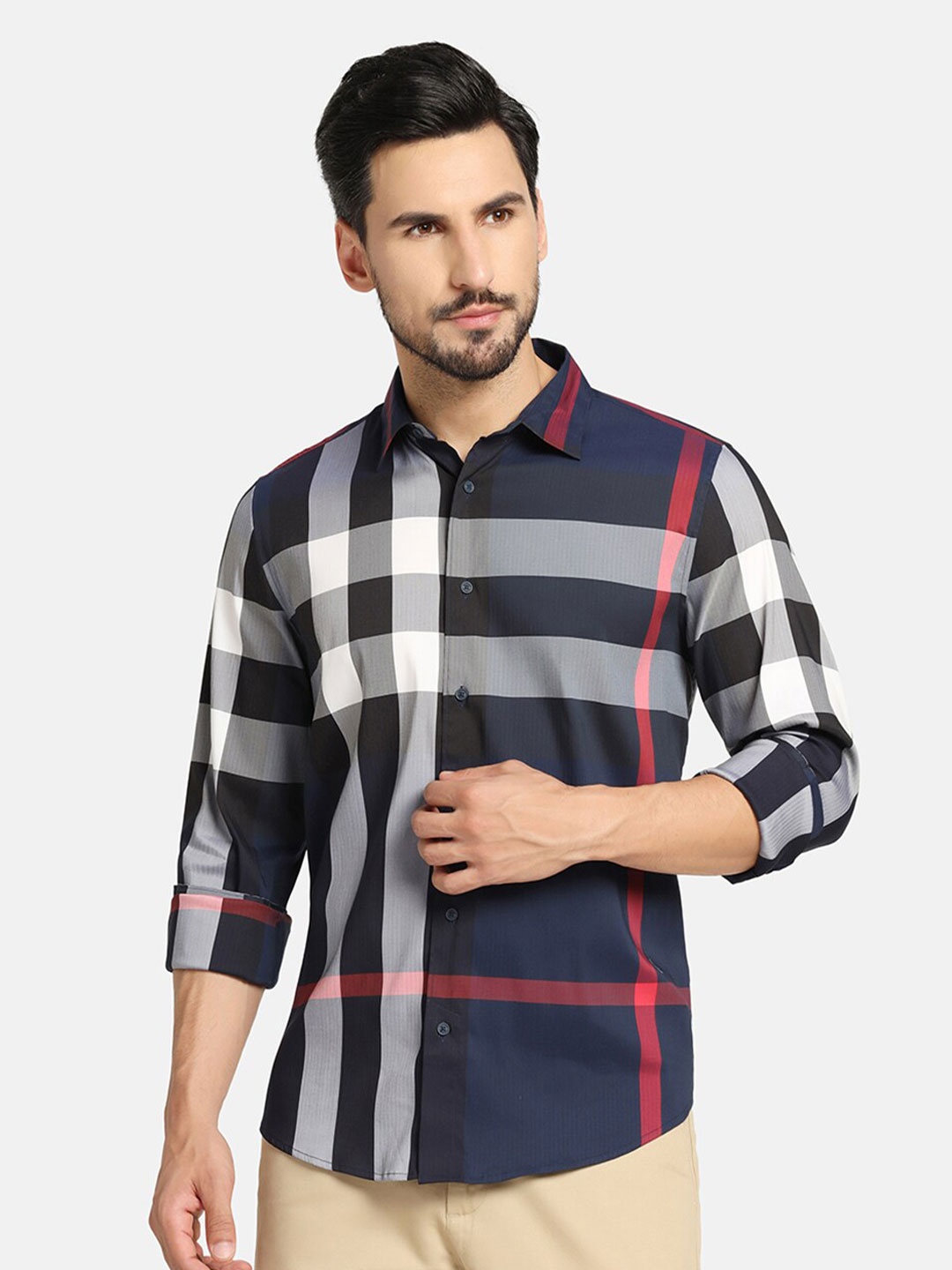 

Blackberrys Straight Other Checked Slim Fit Casual Shirt, Navy blue