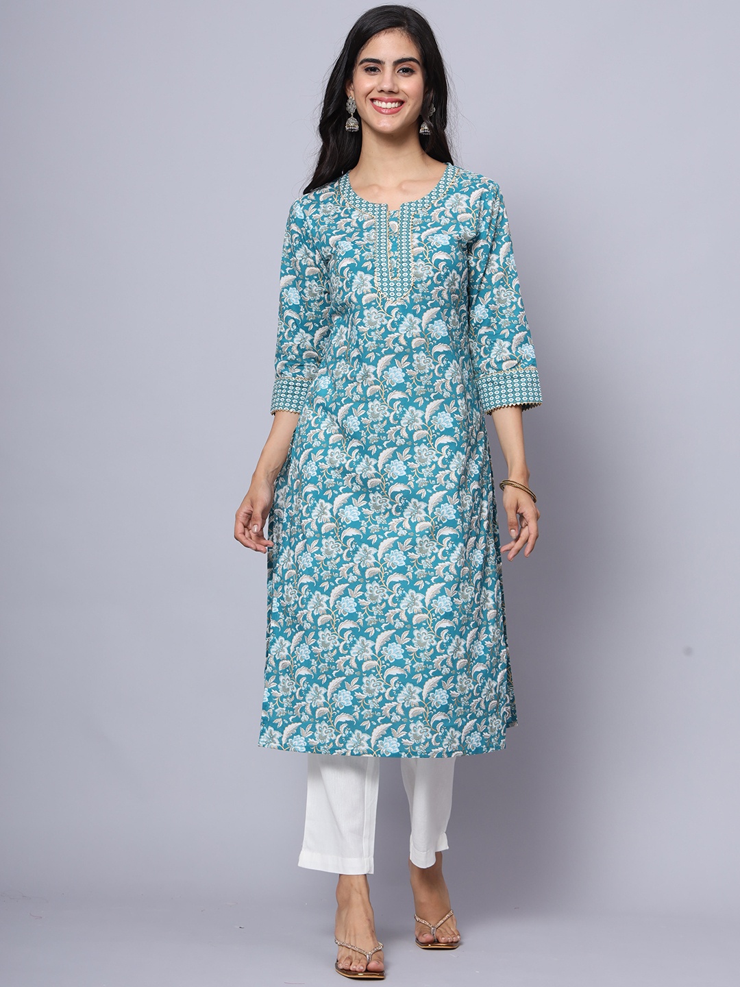 

LARGISH Floral Printed Cotton Kurta, Turquoise blue