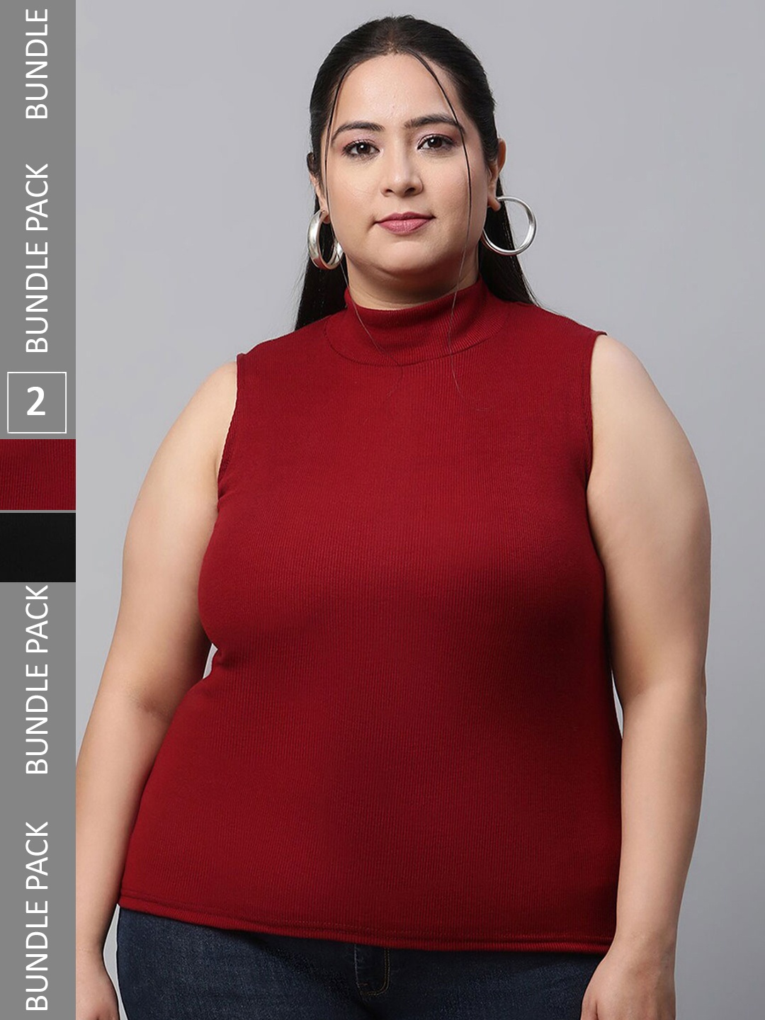 

UnaOne Plus Size Black & Maroon Pack Of 2 High Neck Sleeveless Slim Fit Cotton T-shirt