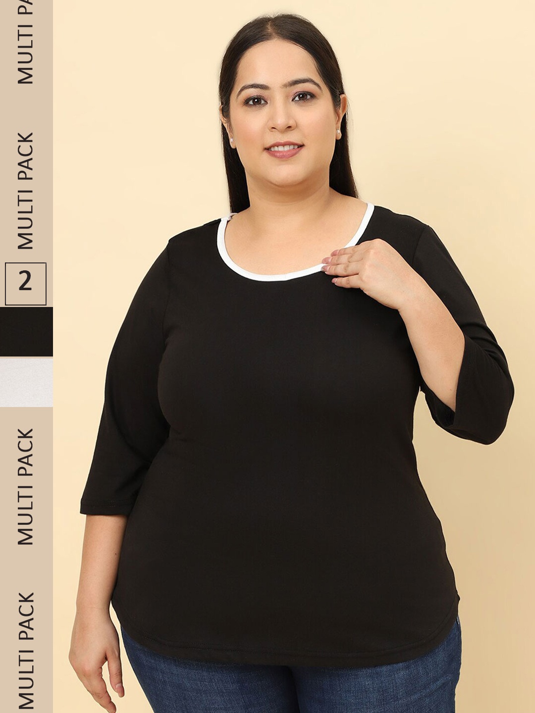 

UnaOne Plus Size Pack Of 2 Cotton T-shirt, Black