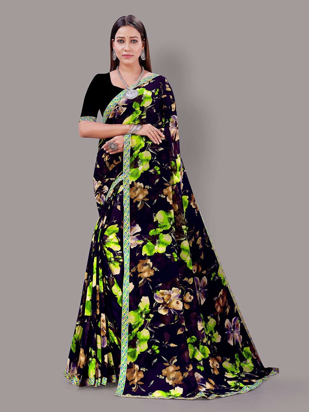 

Shaily Black & Green Floral Printed Pure Georgette Saree