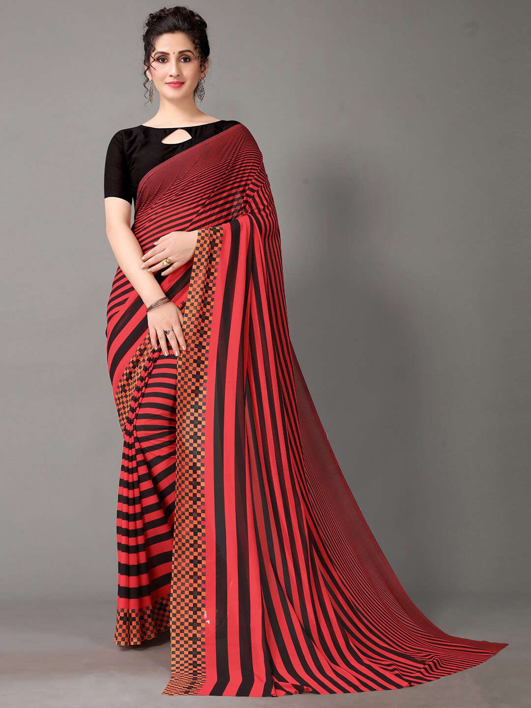 

Shaily Striped Pure Georgette Saree, Red