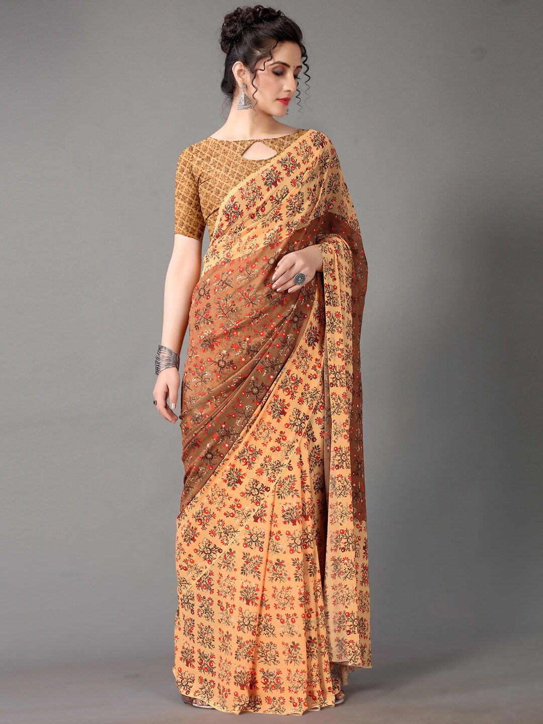 

Shaily Ethnic Motifs Pure Georgette Block Printed Saree, Cream