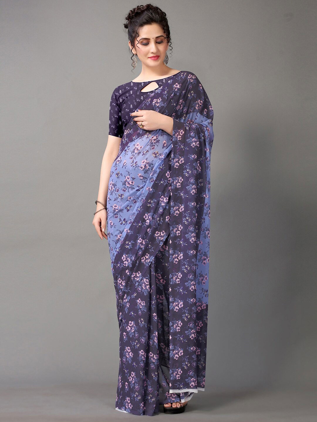 

Shaily Floral Printed Pure Georgette Saree, Navy blue