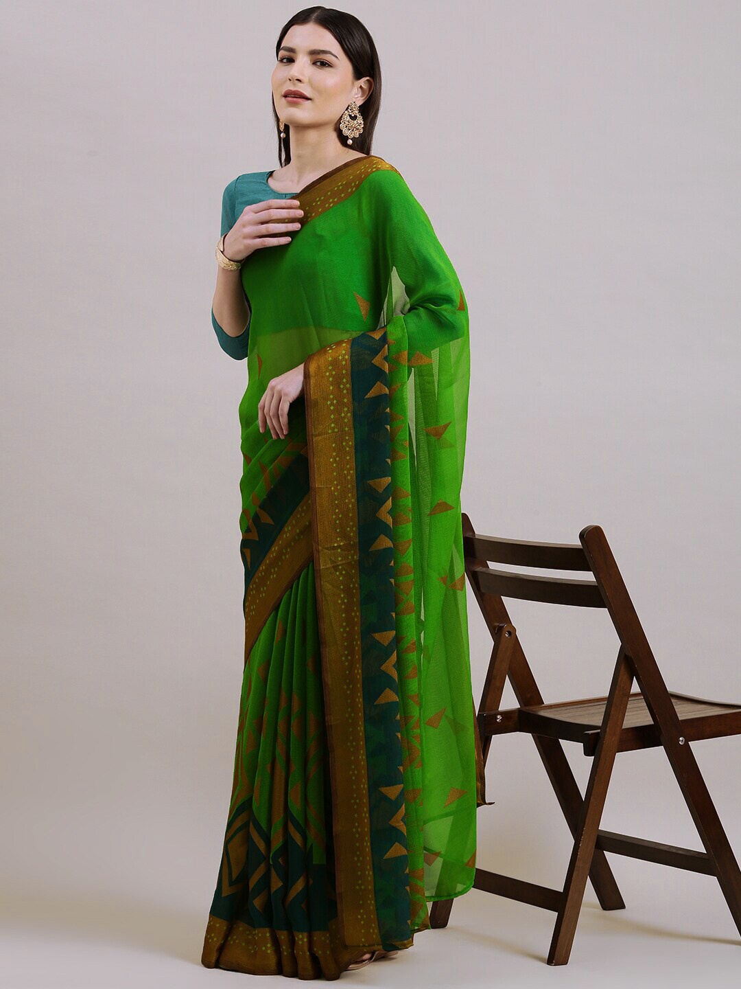 

Shaily Geometric Printed Pure Chiffon Saree, Green