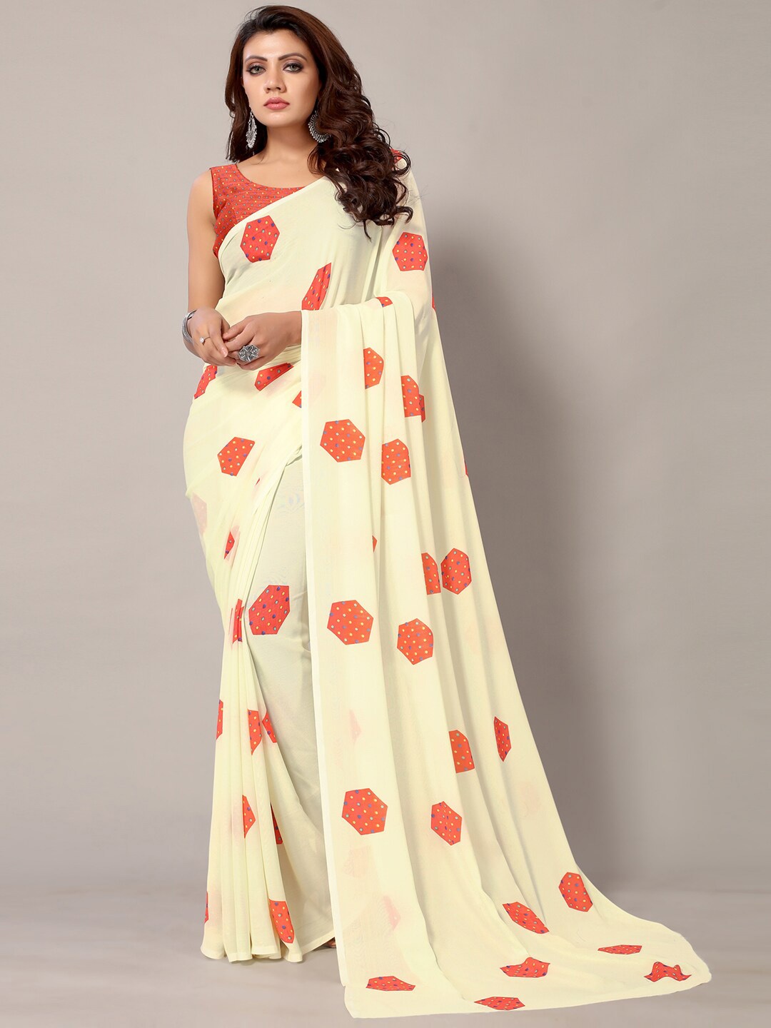 

Shaily Geometric Printed Saree, Cream