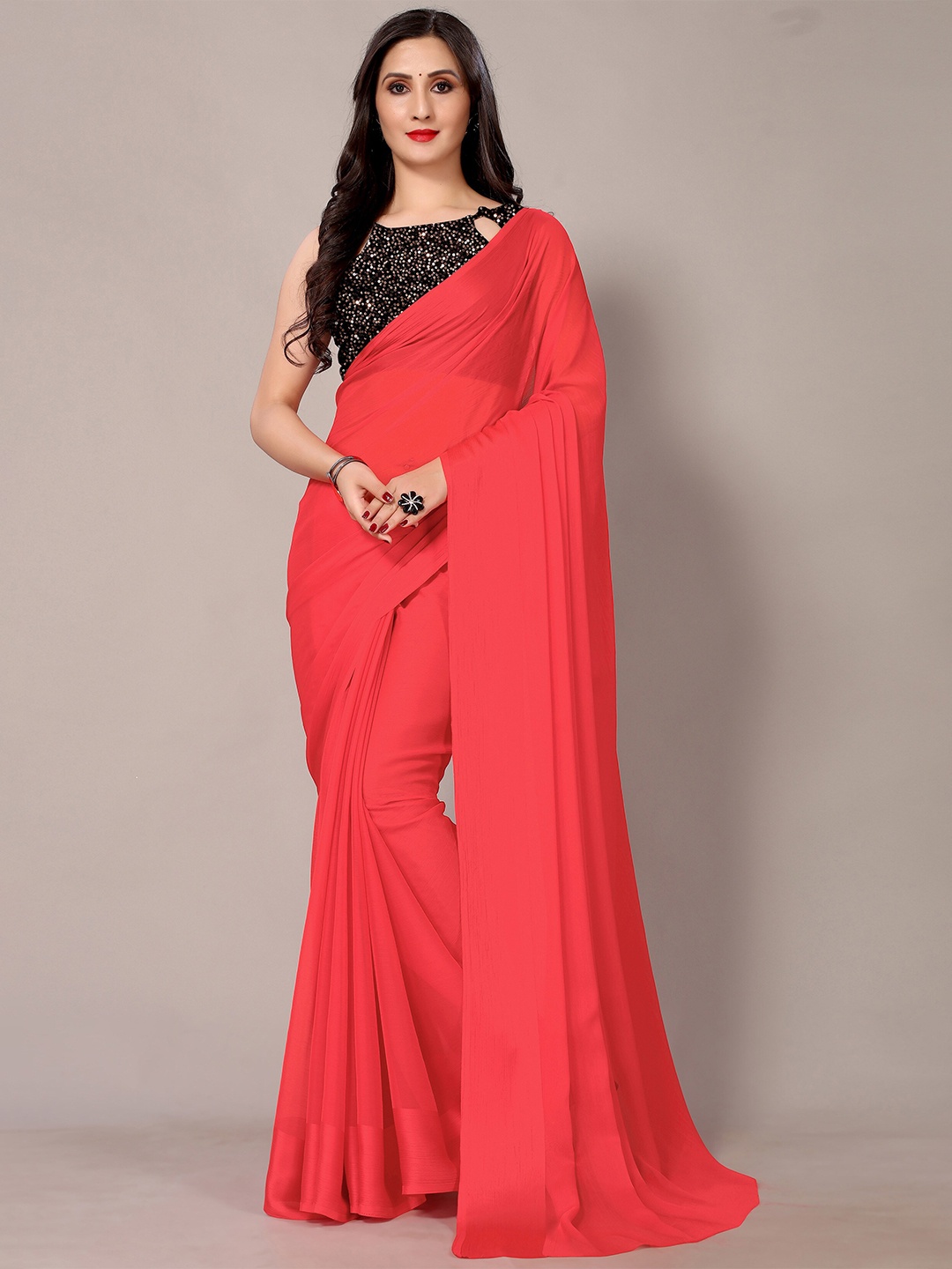 

Shaily Sequinned Blouse Pure Chiffon Velvet Saree, Pink