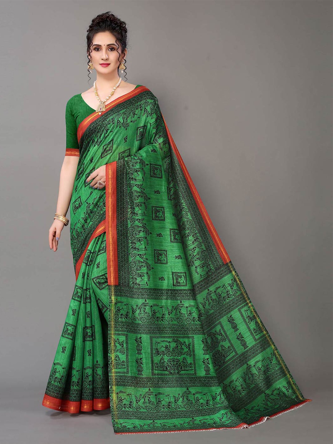 

Shaily Ethnic Motifs Printed Zari Saree, Green