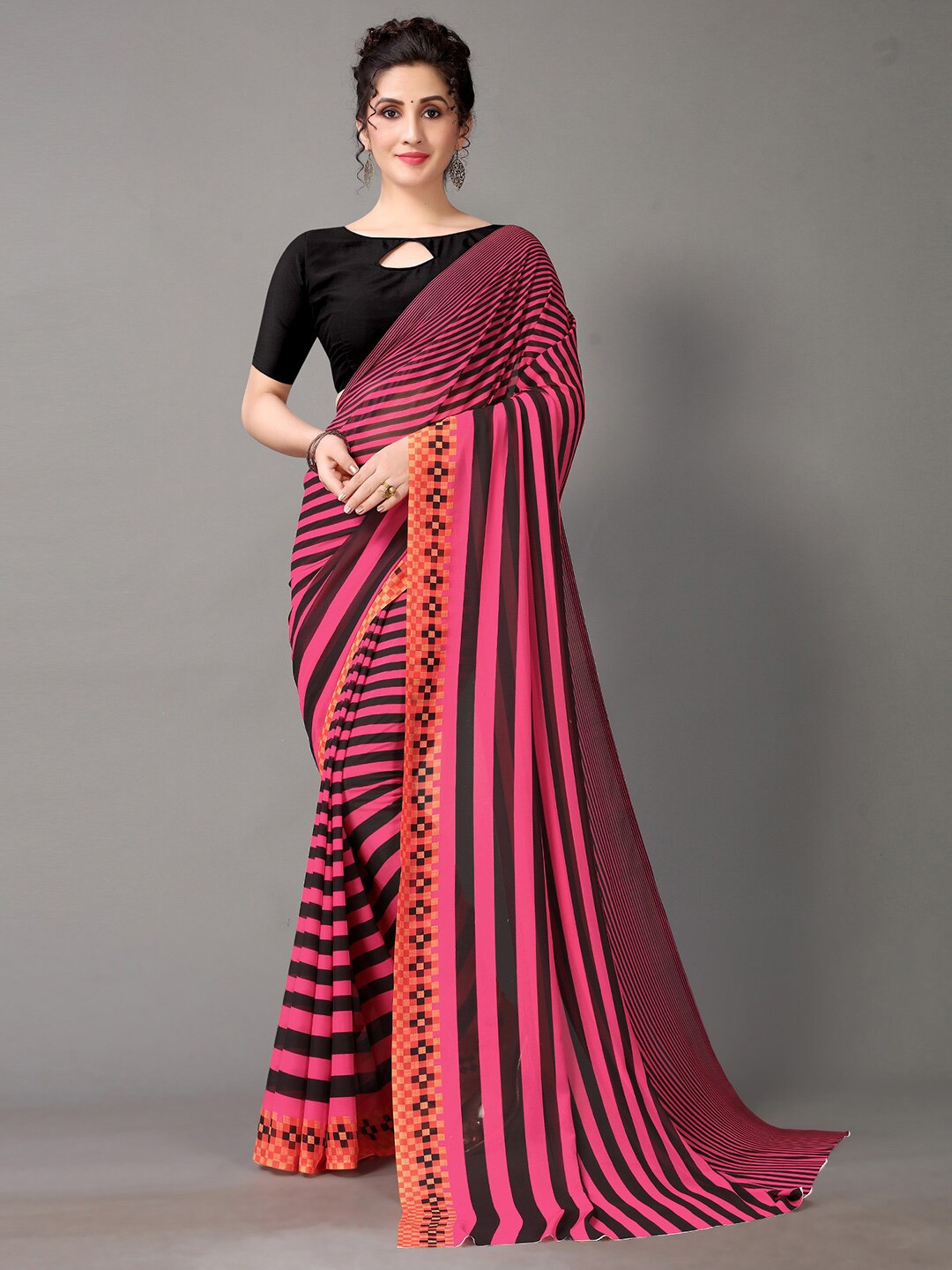 

Shaily Striped Pure Printed Georgette Saree, Pink