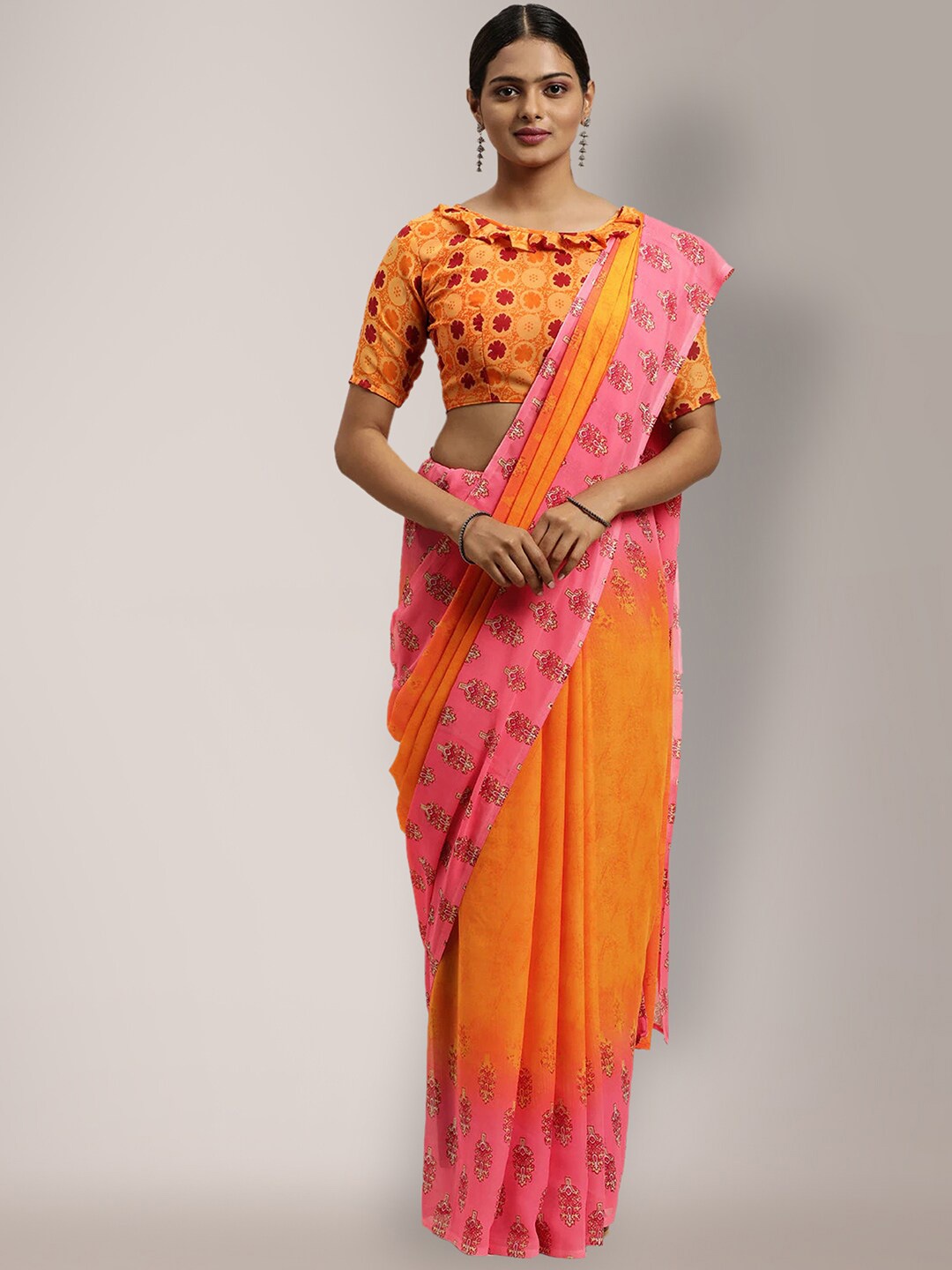 

Shaily Ethnic Motifs Printed Pure Georgette Saree, Orange